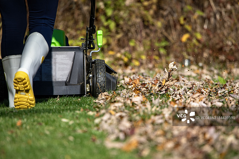 秋天落叶上的割草机图片素材