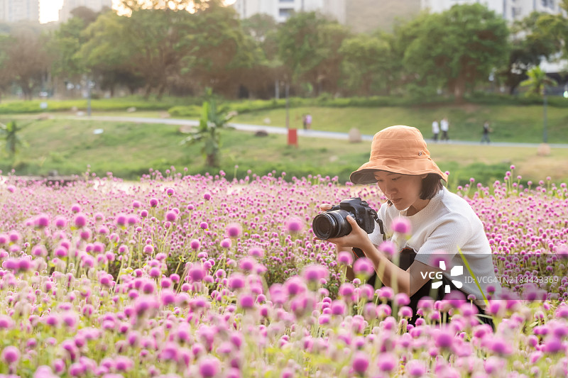 一位亚洲女性摄影师手持相机在花园里拍摄花朵图片素材