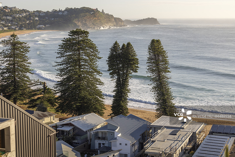 日出时分俯瞰澳大利亚新南威尔士州阿沃卡海滩的房屋屋顶。图片素材