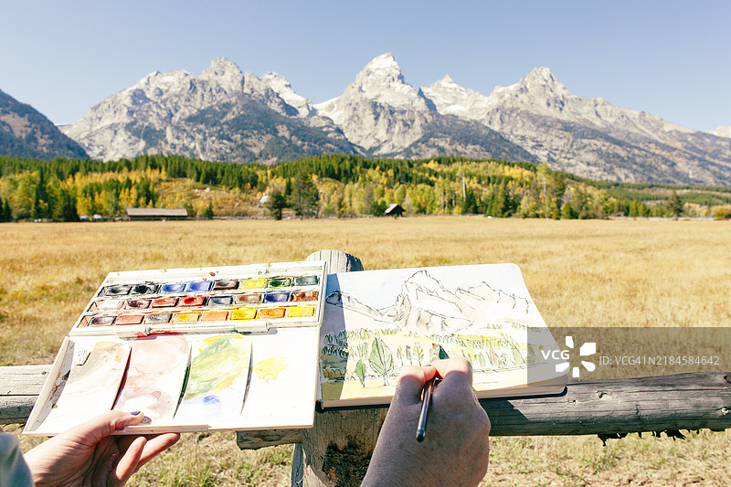 特纳国家公园中，一位女性正在近距离绘制树木和山脉的风景画。图片素材