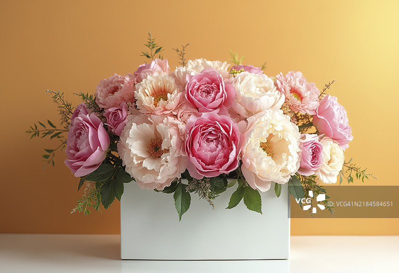 A bouquet of pink and white flowers including peonies,Chrysanthemums,And roses arranged in a white rectangular planter图片素材