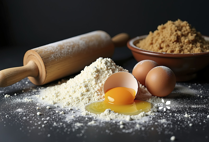 深色背景上摆放着各种烘焙材料，包括鸡蛋、面粉和擀面杖。图片素材