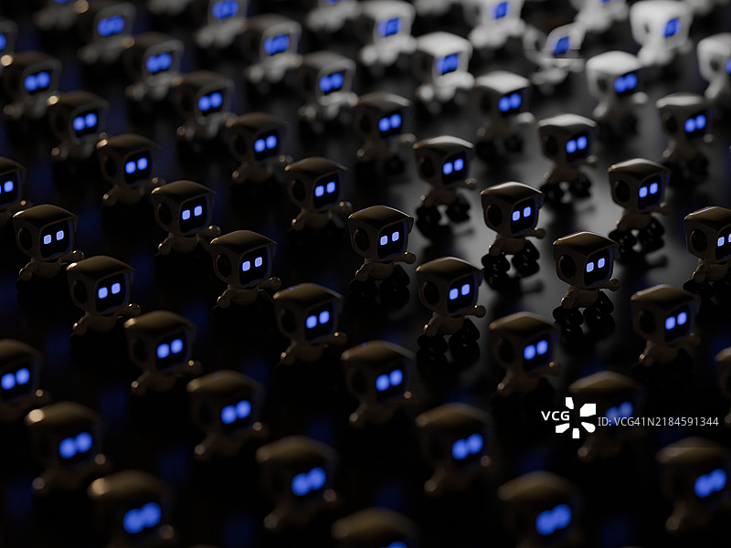 大量迷你人工智能机器人的鸟瞰图，渲染效果图片素材