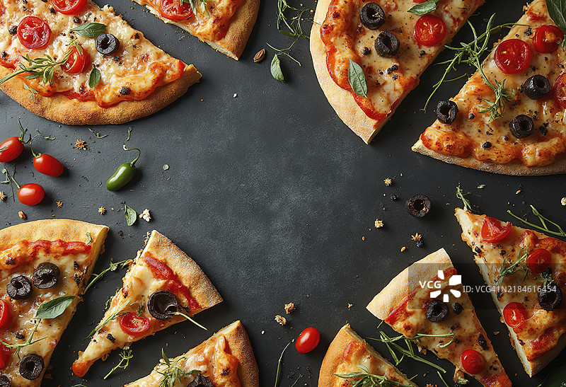 各种配料的比萨饼切片，包括番茄、橄榄和墨西哥辣椒，背景为深色。图片素材