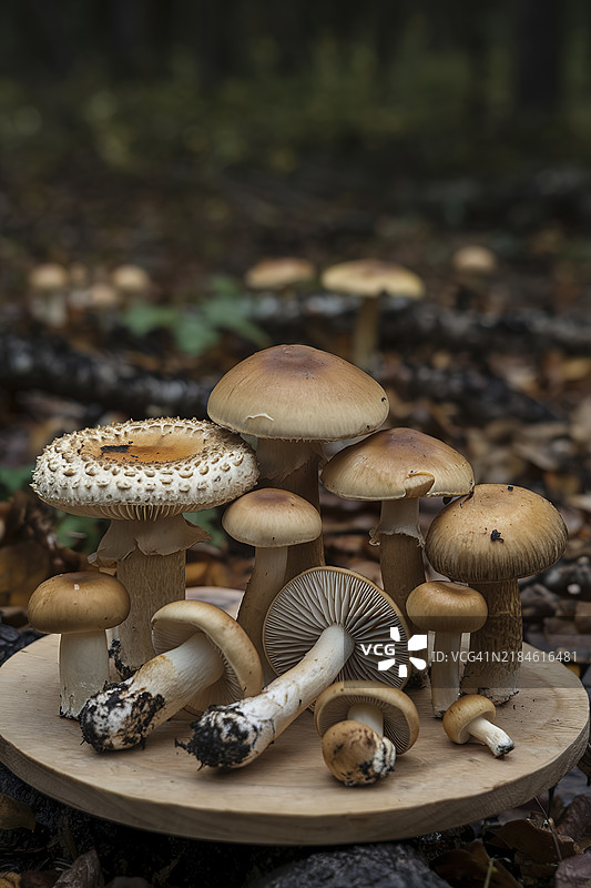 森林中的野生蘑菇，准备烹饪，背景为深色图片素材