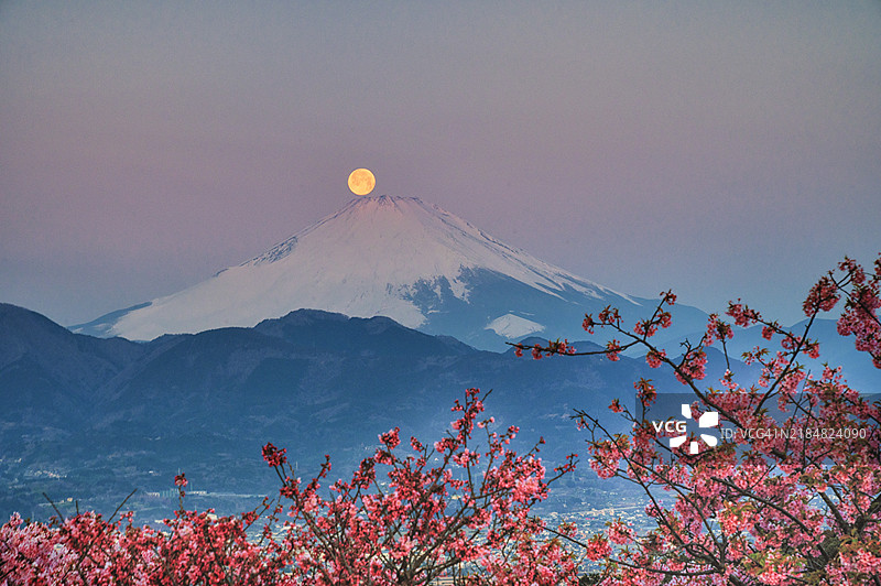 虫月在富士山顶落下图片素材