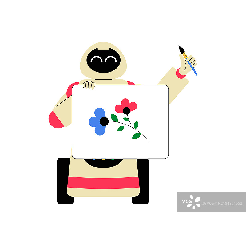 机器人艺术家手持画布，画着花卉作品，象征着创造力、艺术和数字创新，背景为白色。图片素材