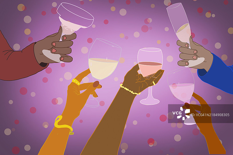 夜晚庆祝时人们的手举着酒杯的插图图片素材