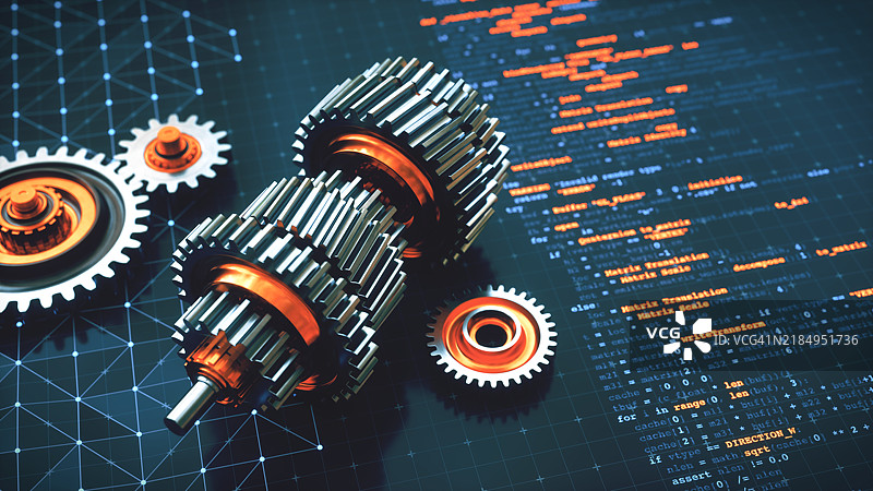 工程3D计算机辅助设计概念，金属齿轮置于计算机代码蓝图表面。高角度构图。图片素材