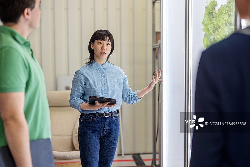 农业专家带领参观室内垂直农业设施，介绍气雾栽培系统图片素材