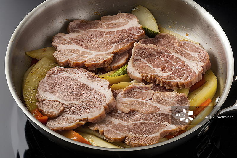 一张薄切猪肉与蔬菜炖菜在锅中的照片图片素材