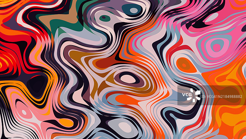 色彩斑斓的抽象漩涡线条图案，带有复古氛围。迷人的抽象设计，展现了生动的红色、橙色、粉色和蓝色的波浪漩涡图案。图片素材
