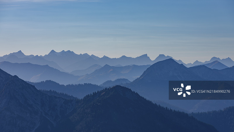 阿尔卑斯全景，山脉轮廓，曼格法尔山脉，斯皮茨湖，上巴伐利亚，巴伐利亚，德国，欧洲图片素材
