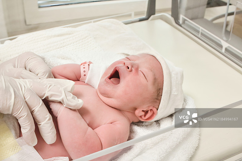 一名新生儿戴着塑料身份手环，被护士放入医院产房的婴儿床中 - 新生命和母亲的概念，美国图片素材