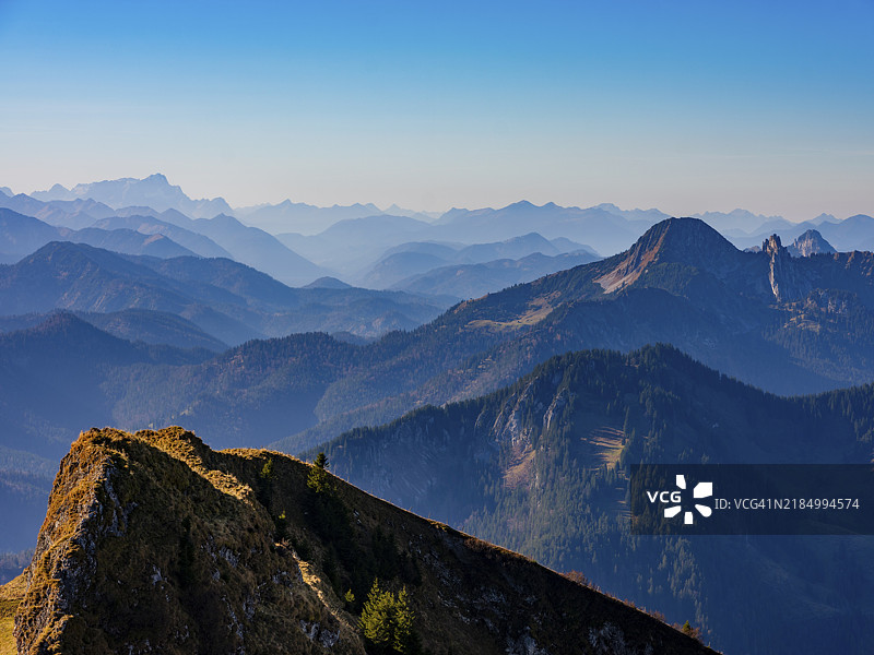 阿尔卑斯全景，从罗特万德山俯瞰布兰登堡阿尔卑斯山、韦特施泰因山、楚格峰、里瑟尔科格尔和布兰肯斯坦，曼格法尔山脉，斯皮茨湖，上巴伐利亚，巴伐利亚，德国，欧洲图片素材