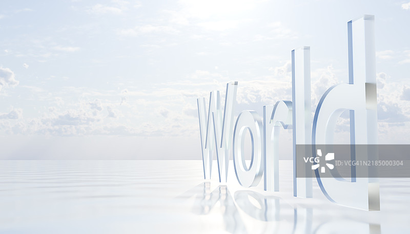 3D渲染图中，字母“World”以玻璃材质呈现，侧面视角，背景为海洋纹理和天空。图片素材