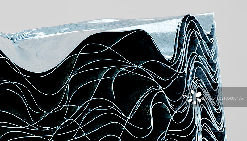 前景中一组金属蓝色纸波浪的正面视图，背景为白色的3D渲染图像图片素材