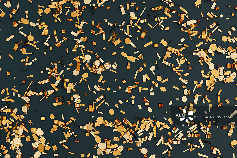 节日贺卡圣诞背景。黑色背景上的金色和黄色彩带。3D图案，模板，设计元素，留白供文本使用。圣诞节和新年概念。图片素材