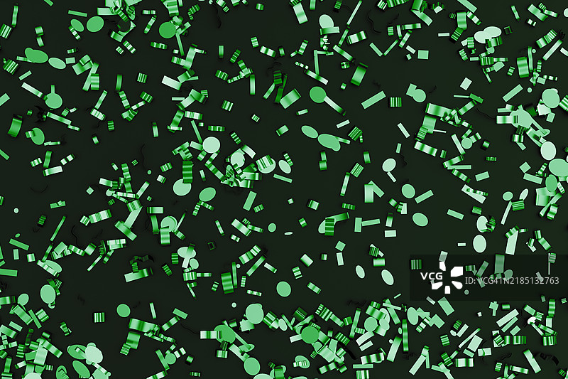 节日贺卡圣诞背景。深色黑色背景上的绿色彩纸屑。3D图案，模板，设计元素，留白处可放置文字。圣诞节和新年概念。图片素材