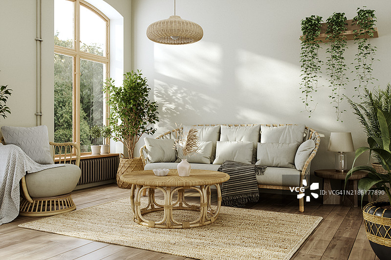 波西米亚风格的现代斯堪的纳维亚室内，配有藤制家具和绿色植物图片素材
