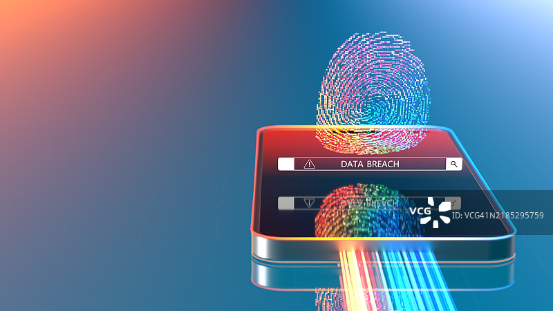数据泄露概念。智能手机屏幕上的指纹与抽象数据。留白空间。图片素材