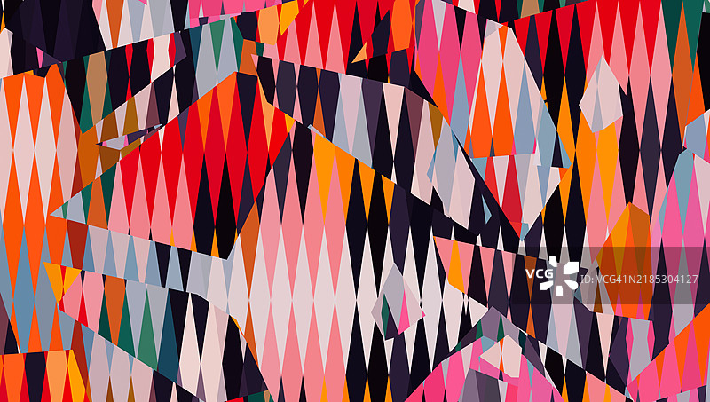 大胆的几何抽象艺术，带有钻石图案。生动的抽象艺术作品，展示了层叠的几何钻石形状，色彩鲜艳，包括红色、粉色、橙色和蓝色。图片素材