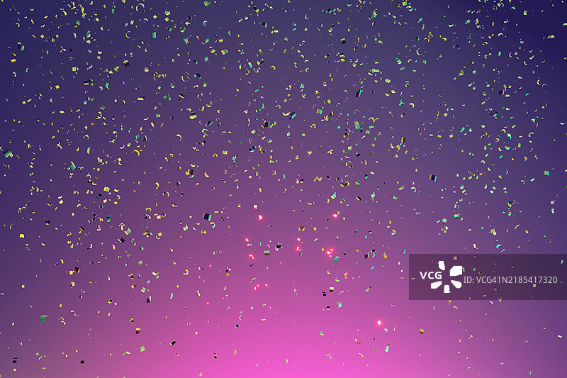 五彩缤纷的尘埃彩屑在洋红色渐变背景上。为您的设计提供节日色彩的背景。圣诞快乐，新年快乐和生日庆祝概念。图片素材