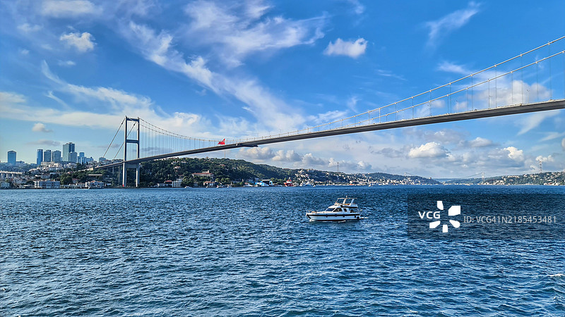 伊斯坦布尔博斯普鲁斯大桥的海景，水面上有游艇。图片素材