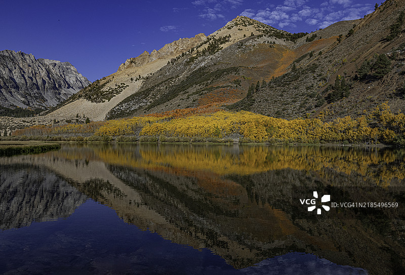 秋天黎明时分的北湖，映衬着白杨树和倒影，是比肖溪北支的源头。位于加利福尼亚州比肖附近的英约国家森林。图片素材