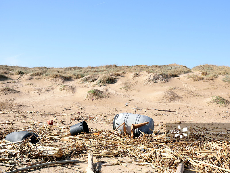 被塑料和植物物质污染的海滩图片素材