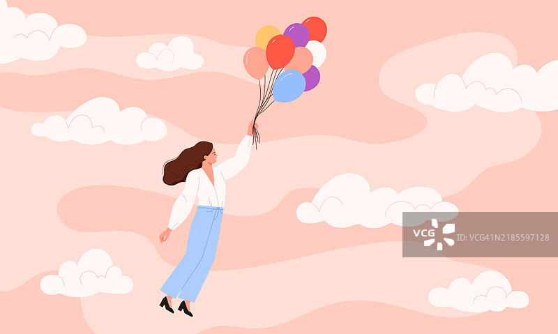 女性与气球飞翔，展现心理健康、乐观、幸福和创造性思维图片素材