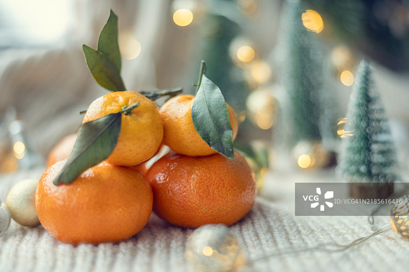 新年冬季背景下的橘子成熟了。图片素材
