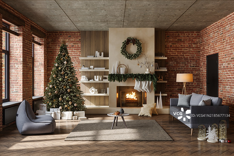 工业风格的客厅，配有圣诞装饰、壁炉和砖墙图片素材
