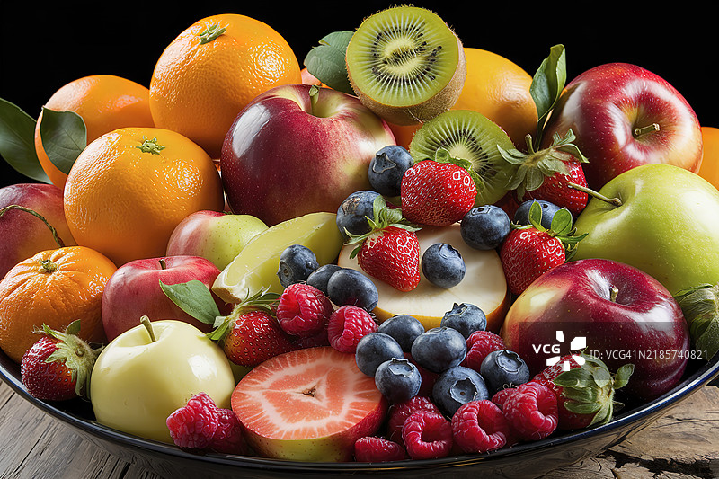 一碗装满生鲜有机水果的照片，背景为黑色。图片素材