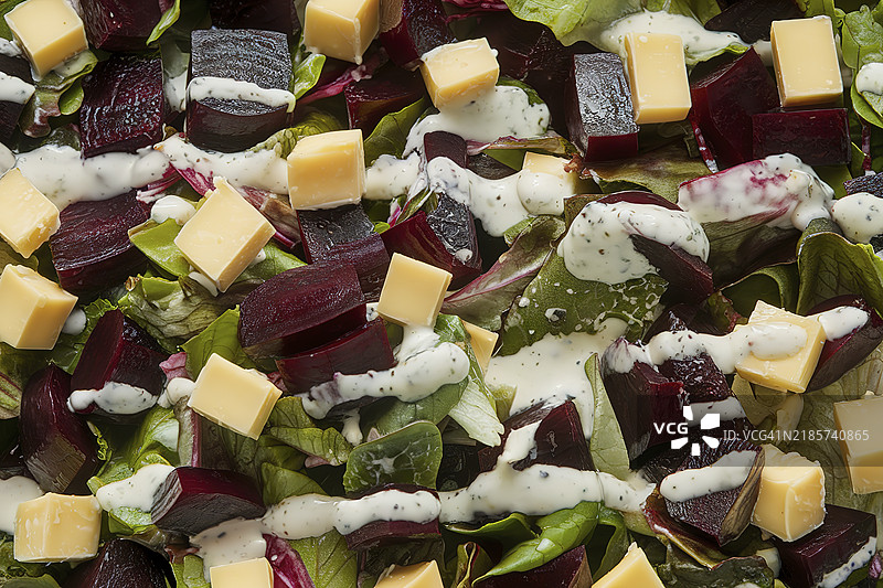 一盘切碎的甜菜根和切丁奶酪沙拉，淋上黄油酱。图片素材