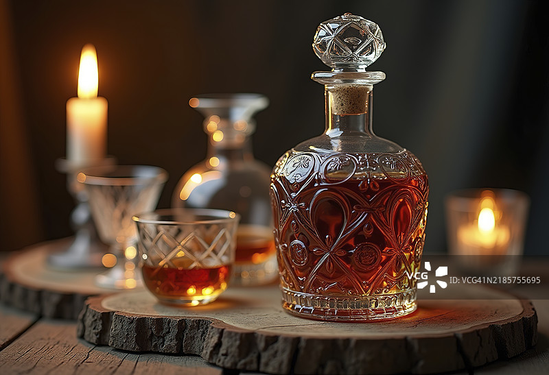 一瓶放在木质表面的酒或烈酒图片素材