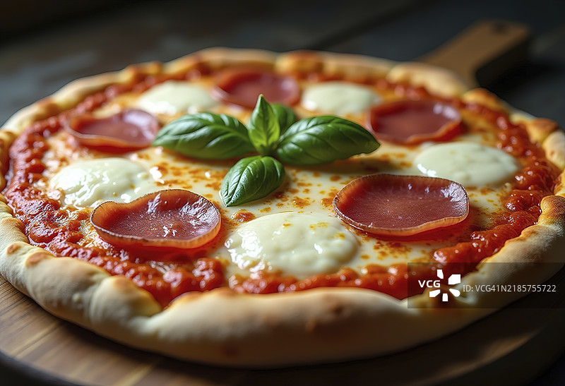 一款配有番茄酱、马苏里拉奶酪、切片火腿和新鲜罗勒叶的披萨图片素材