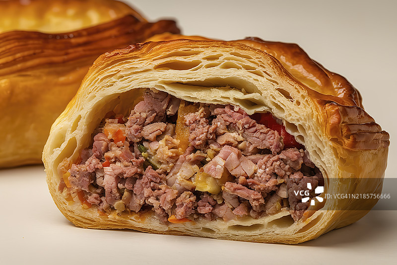 一块咸味糕点被切成两半，露出了肉末和蔬菜的馅料。图片素材