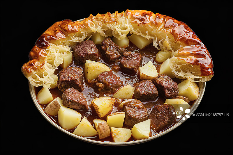 一款用切丁的煮土豆和肉块在酱汁中烘焙的菜肴图片素材