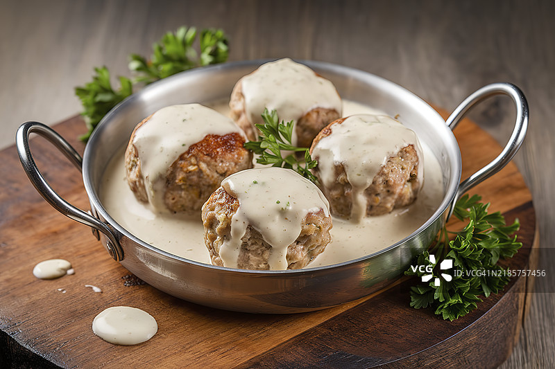 平底锅中的奶油酱肉丸图片素材