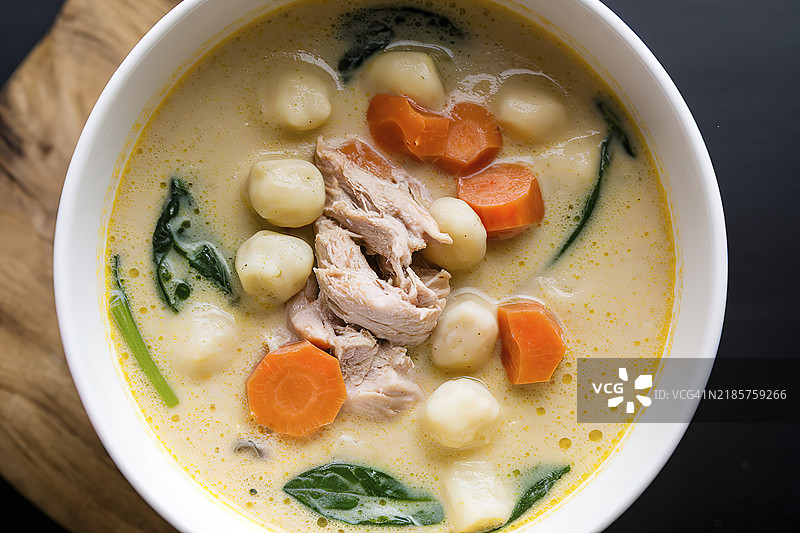 一碗奶油鸡肉和意大利饺子汤图片素材