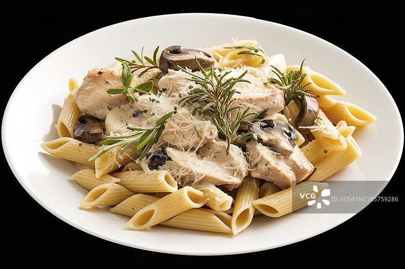 一盘鸡肉蘑菇奶酪酱通心粉图片素材