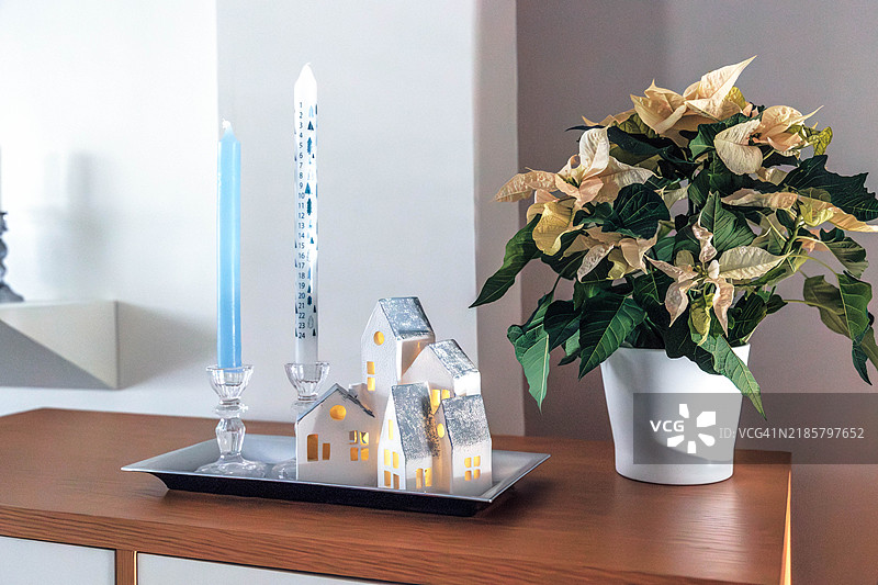 圣诞装饰和一个白色的一品红花盆放在架子上图片素材