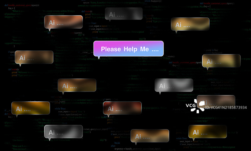显示“需要帮助”的文本气泡和多个AI回复，代表AI客户服务解决方案图片素材