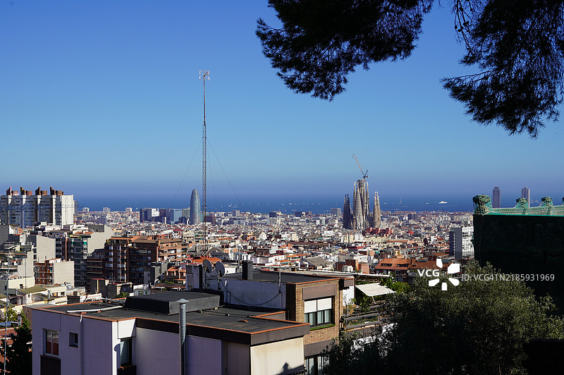 城市建筑的高角度视图，背景是晴朗的蓝天图片素材