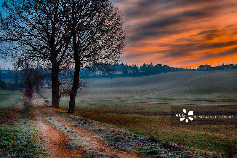 意大利皮埃蒙特阿莱山德里亚的蒙费拉托瓦尔马多纳乡村农田上空的橙色日出图片素材