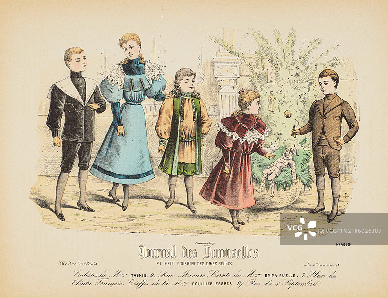 19世纪法国杂志中的复古圣诞儿童时尚插图图片素材