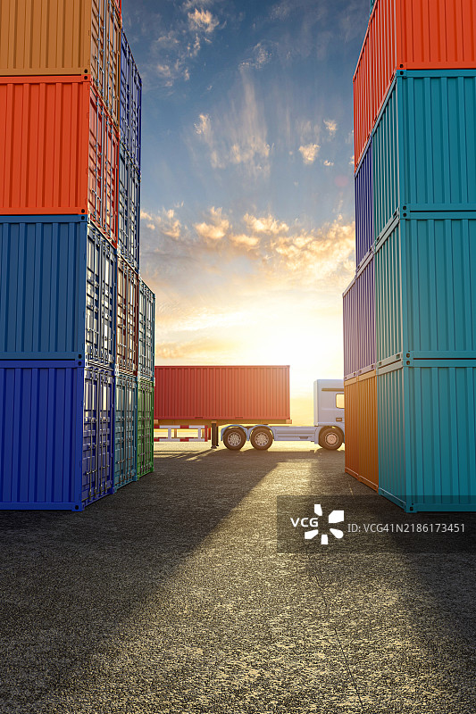 商品贸易集装箱转运场，3D渲染图片素材