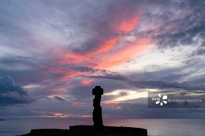复活节岛阿胡·科·特·里库的日落与摩艾石像图片素材