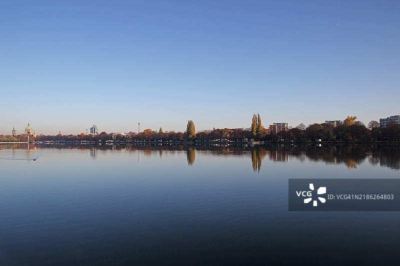 湖泊在晴朗蓝天下的美丽景色图片素材